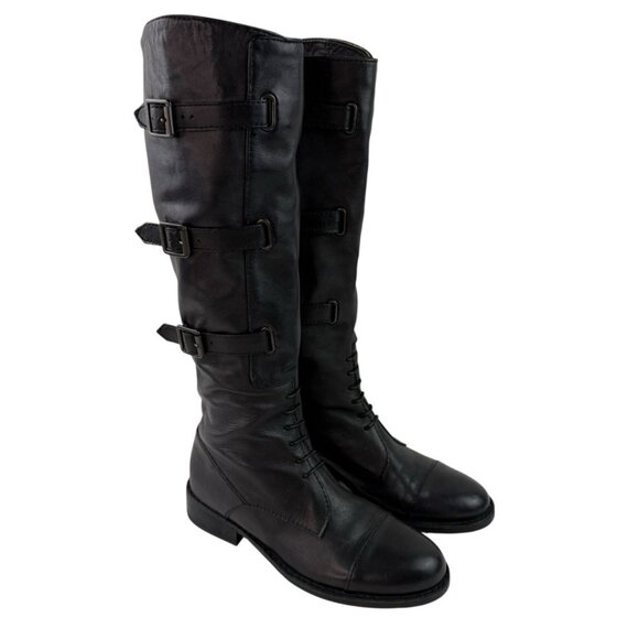 *Vince Camuto Fivvy Boots Womens 8 Black Leather Military Field Combat Riding - Picture 1 of 10